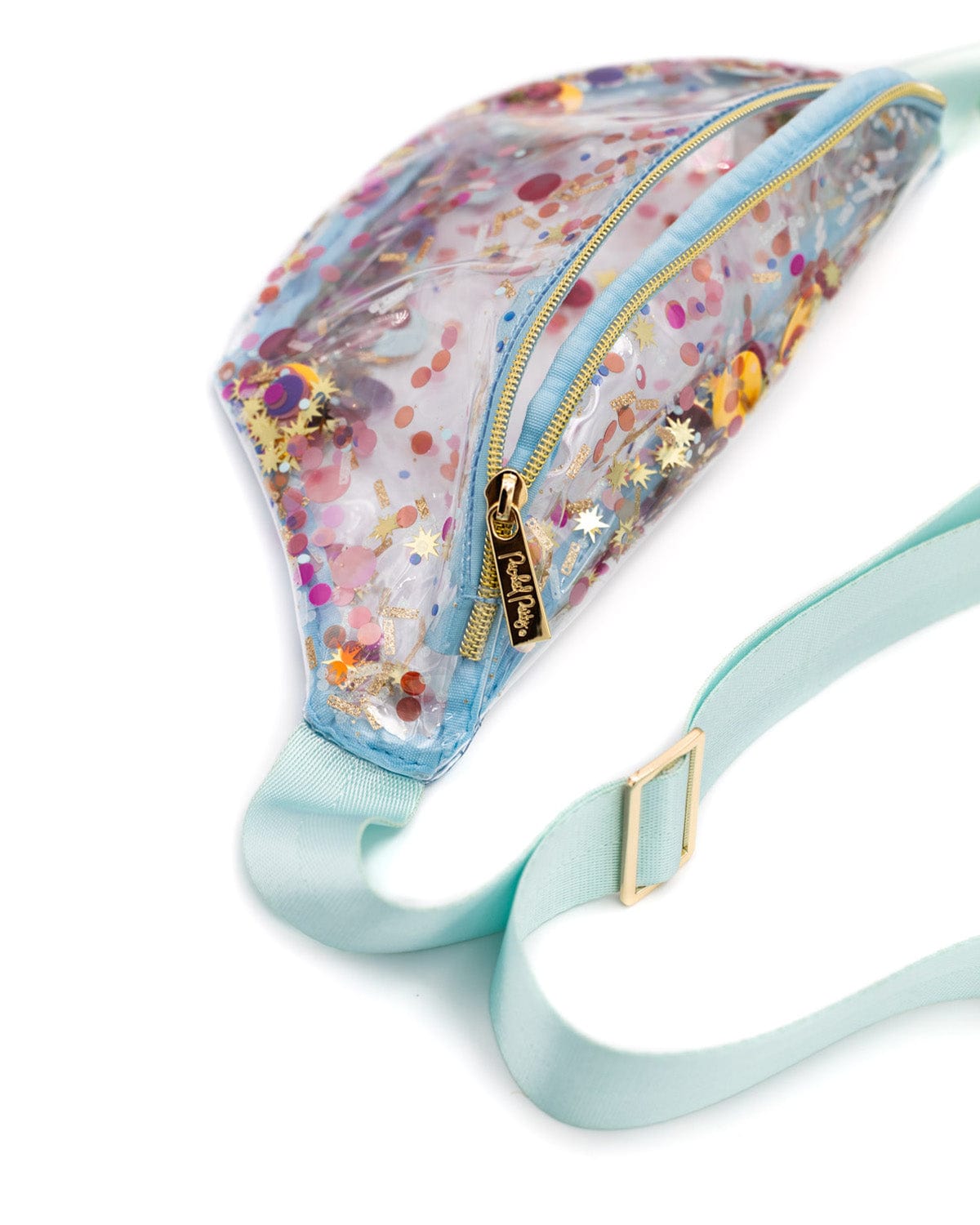 Celebrate confetti in clear vinyl fanny pack, Pink, yellow, blue, red, gold and more colors of confetti!