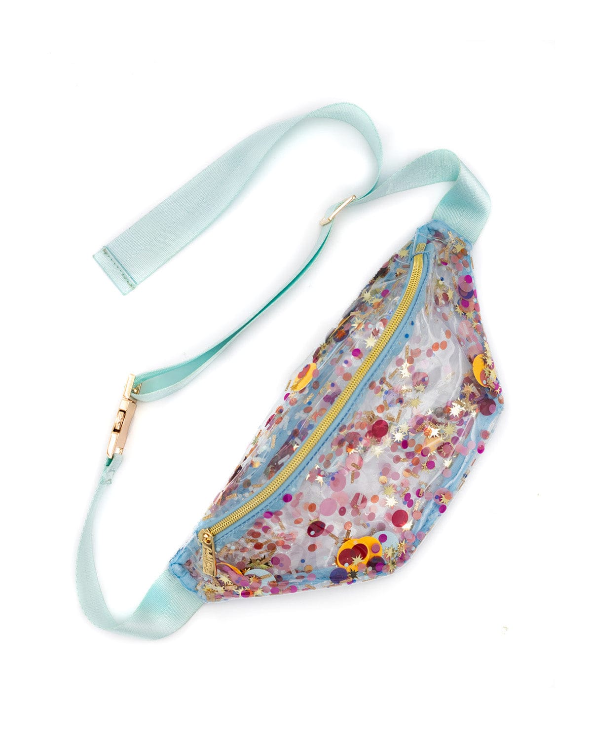 Celebrate confetti in clear vinyl fanny pack, Pink, yellow, blue, red, gold and more colors of confetti!