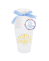 Reusable and stackable cup stack perfect for gifting or yourself. Gold lettering and light blue ribbon