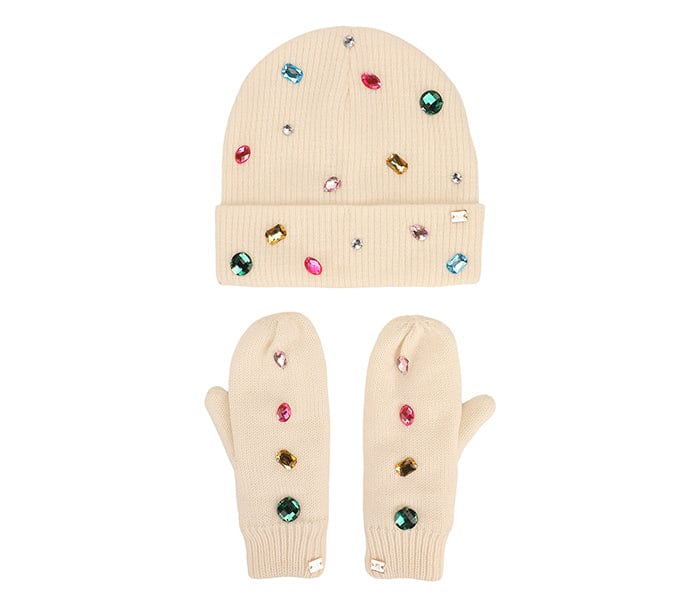 White Knit Rhinestone Beanie and Mittens Set