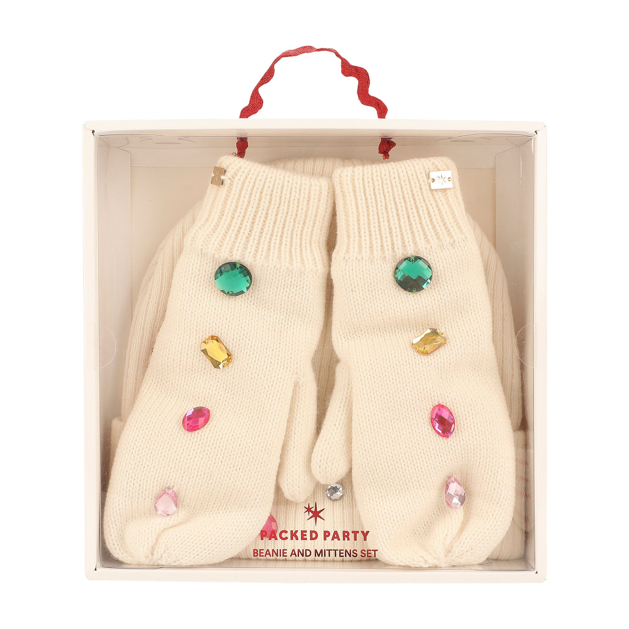 White Knit Rhinestone Beanie and Mittens Set
