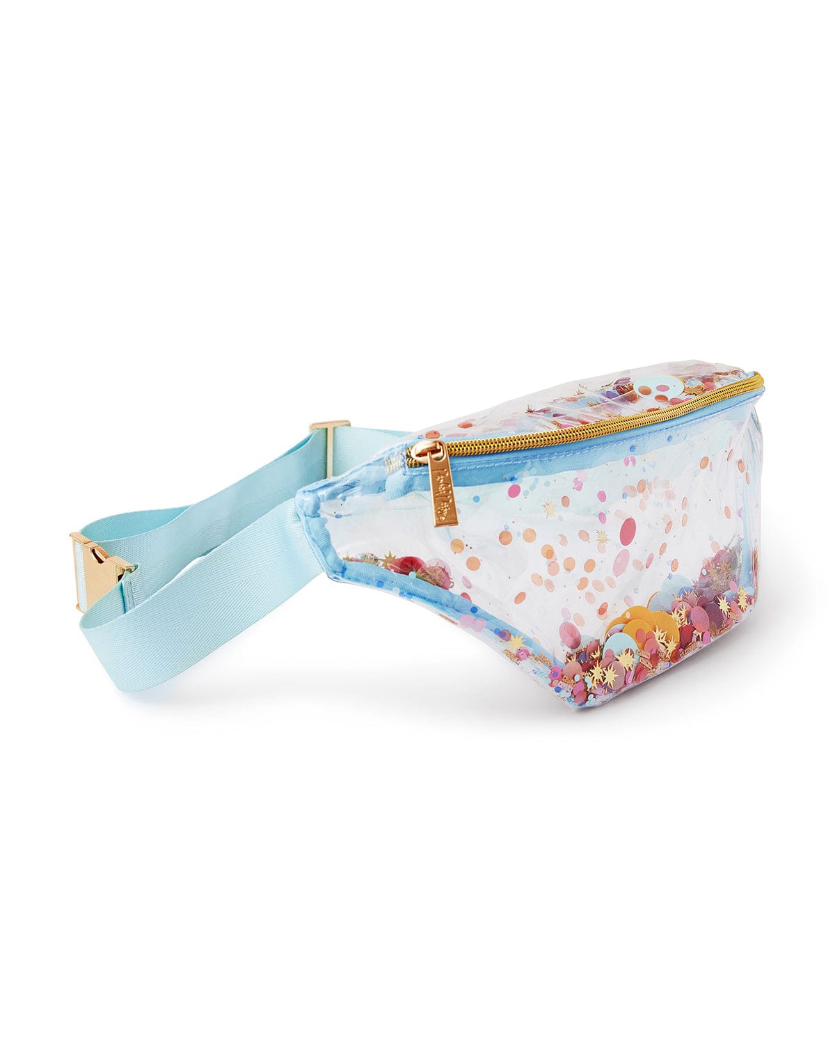 Celebrate confetti in clear vinyl fanny pack, Pink, yellow, blue, red, gold and more colors of confetti!