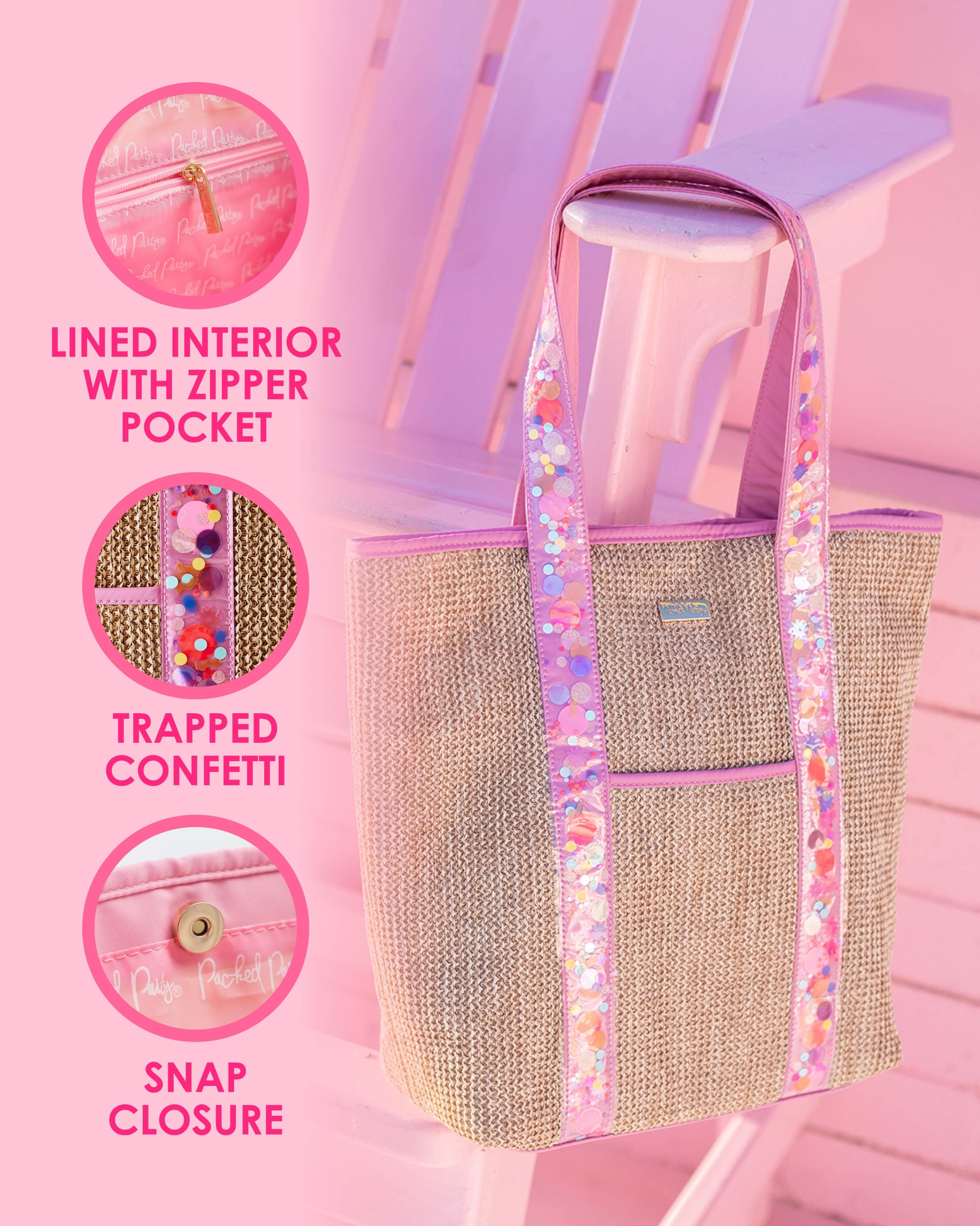 Image of rattan tote bag with hot pink confetti straps on hot pink Adirondack chair with icons overlayed on image showing product benefits - lined interior with zipper pocket, trapped confetti, snap closure