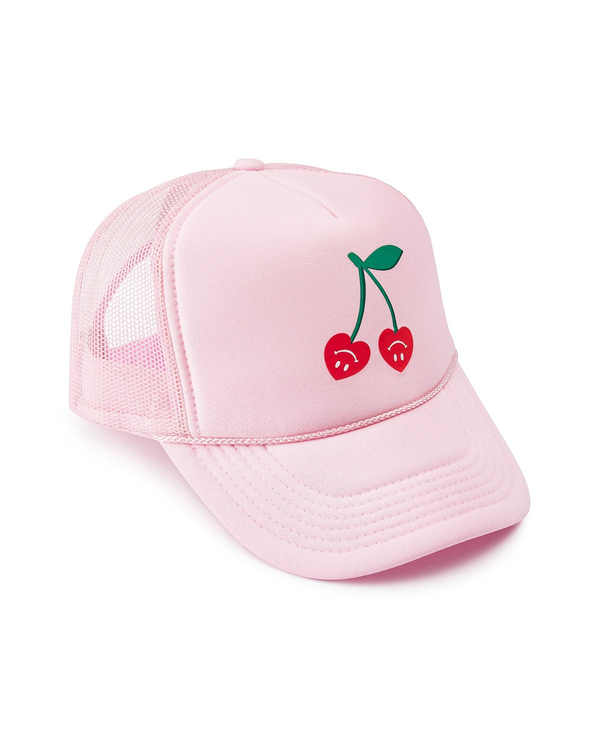 adorable pink trucker hat with unique upside down smile cherries on green stem
