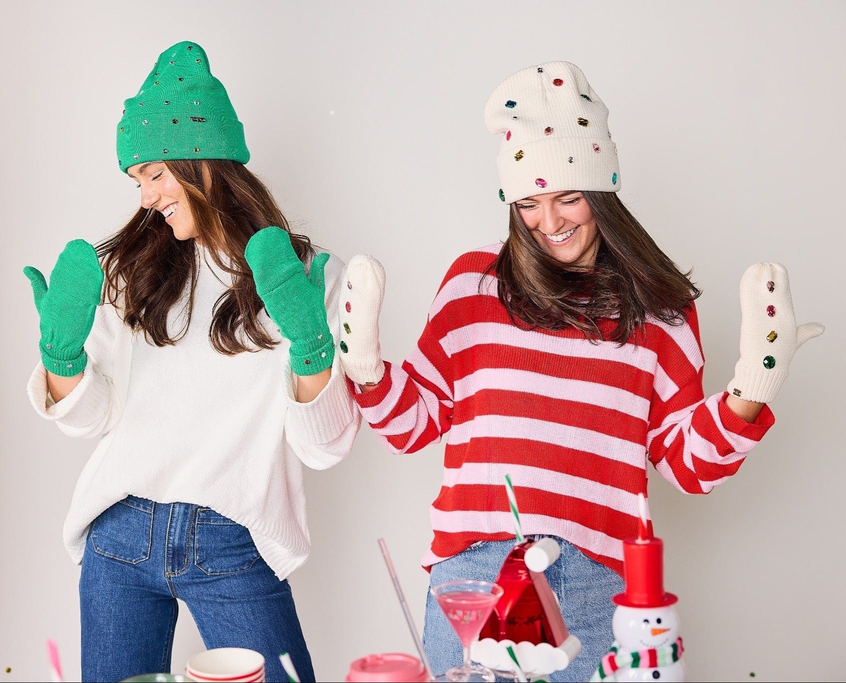 White Knit Rhinestone Beanie and Mittens Set