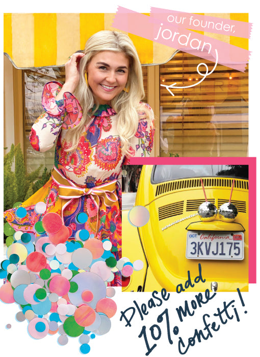 A collage of woman in patterned dress, a yellow car, and some confetti.
