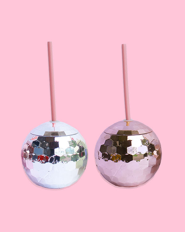 A silver and rose gold disco ball shaped cup