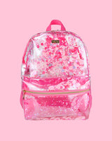 A clear, pink confetti backpack with pink mesh pockets.