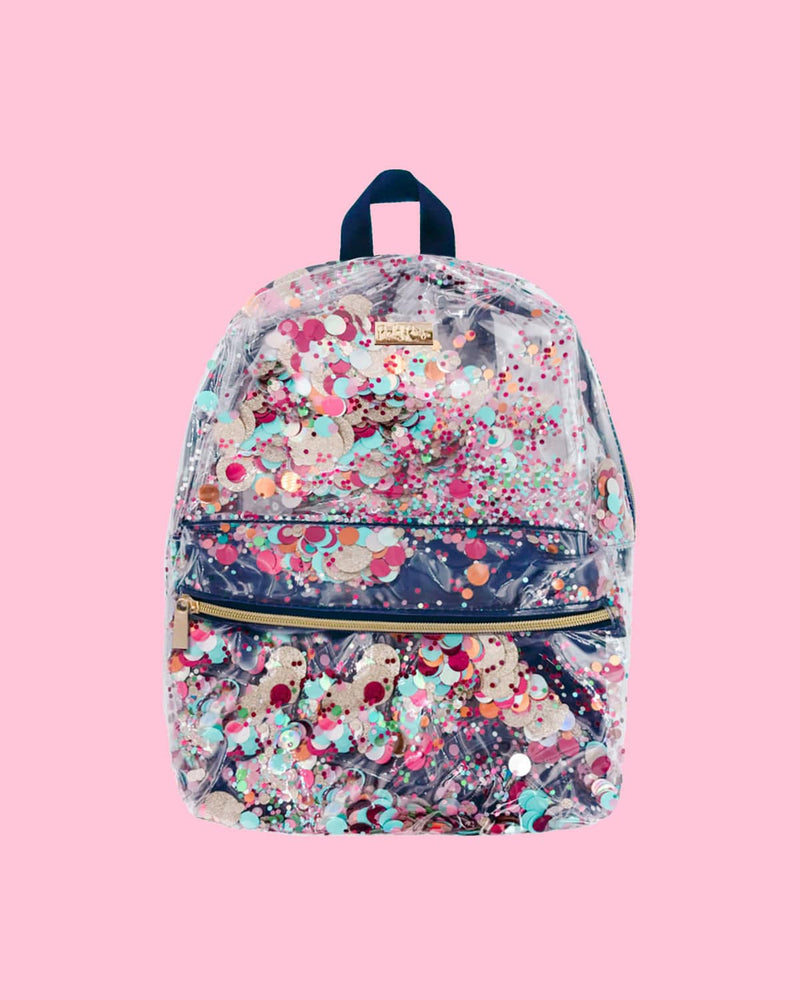 A navy confetti backpack. 