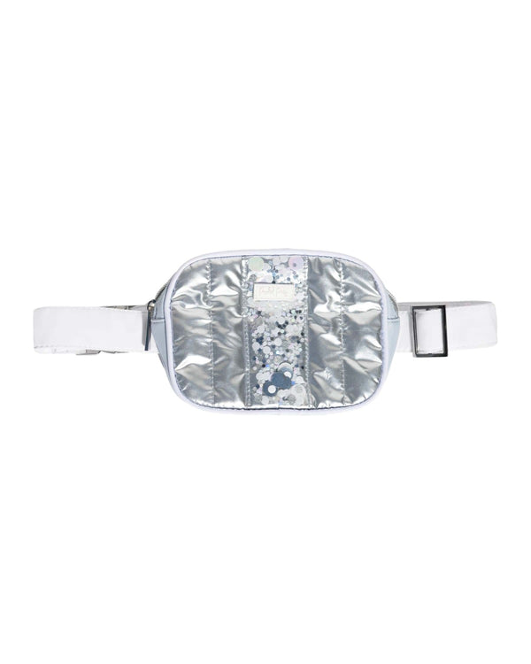A shiny silver belt bag with a white strap and iridescent confetti clusters   