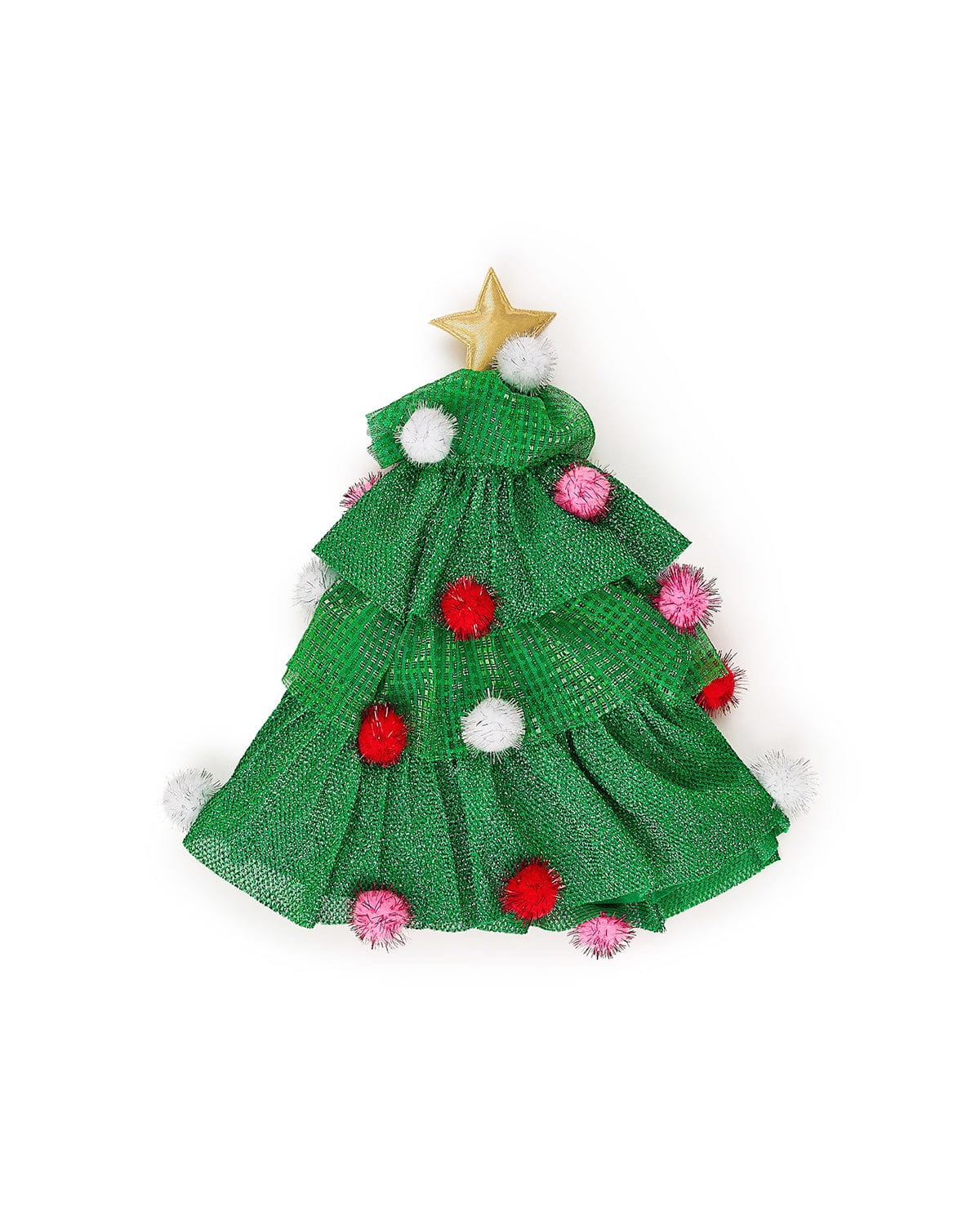 Christmas tree hat with multi-layer tulle, tinsel pom details, and a gold star shot against white background.