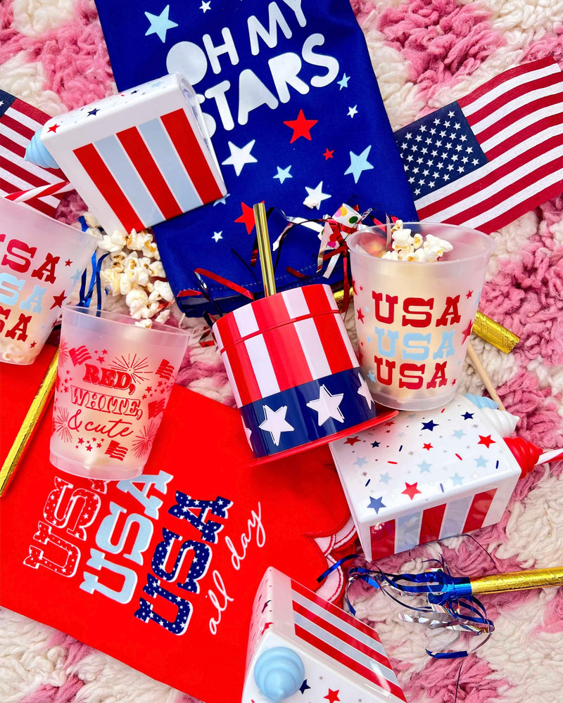 Collage of red white and blue patriotic products stars and stripes USA themed.