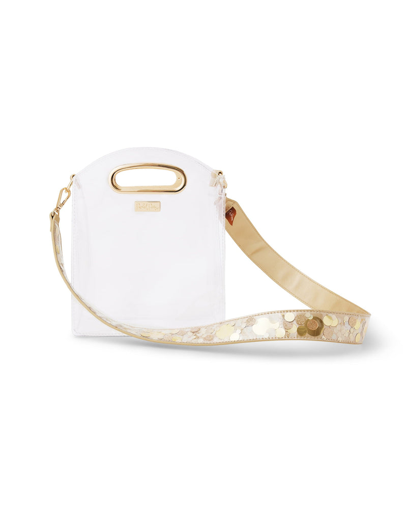Gold confetti detachable purse strap for stadium approved clear bags with gold leatherette and detailing.