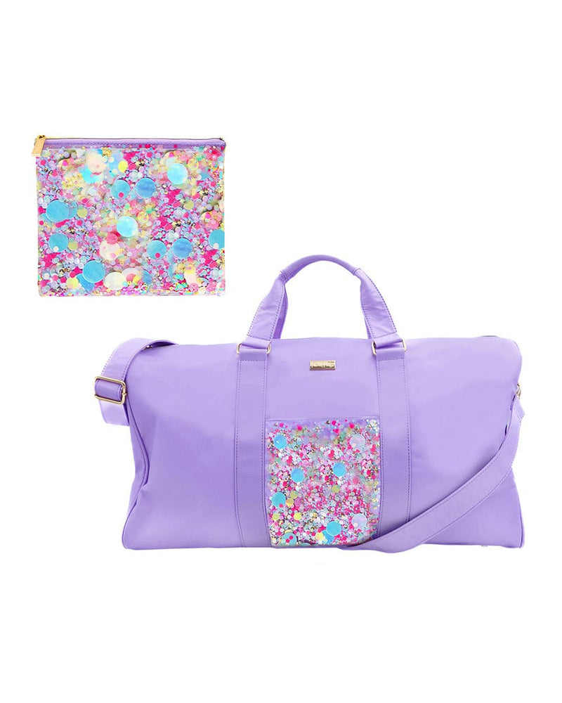 travel weekend getaway duffle bag for women. gym overnight bag with confetti and purple. Beauty pouch makeup holder accessories confetti organizer