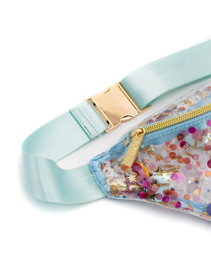 Celebrate confetti in clear vinyl fanny pack, Pink, yellow, blue, red, gold and more colors of confetti!