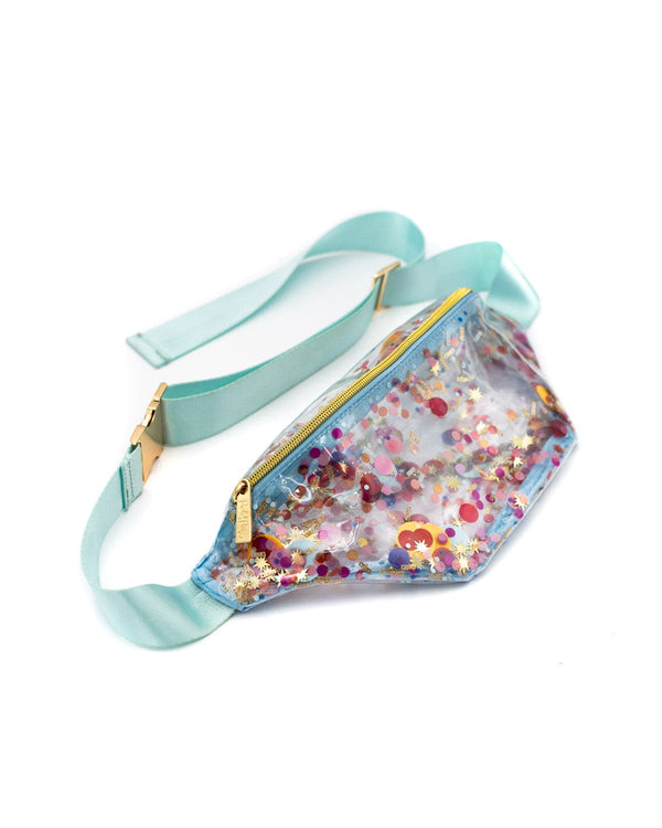 Celebrate confetti in clear vinyl fanny pack, Pink, yellow, blue, red, gold and more colors of confetti!