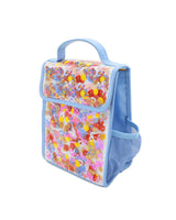 Lunch box for kids with light blue trim and confetti details.