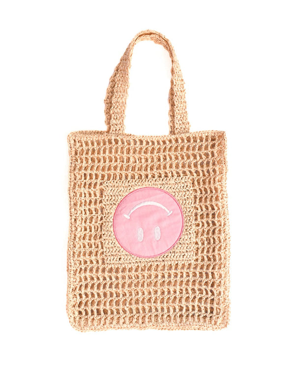 Cute beach girly straw woven tote bag cream colored, upside down signature pink smiley