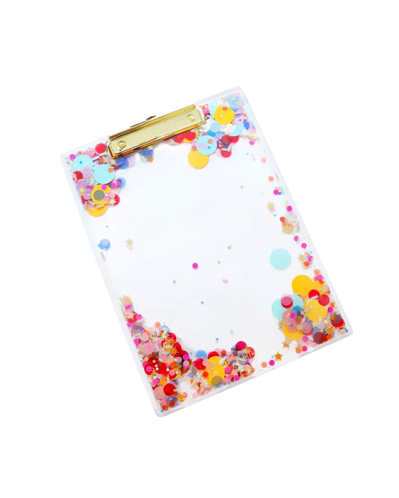 Clear heavy duty acrylic clipboard with colorful celebrate confetti.