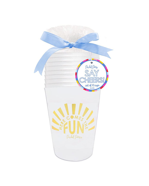 Reusable and stackable cup stack perfect for gifting or yourself. Gold lettering and light blue ribbon