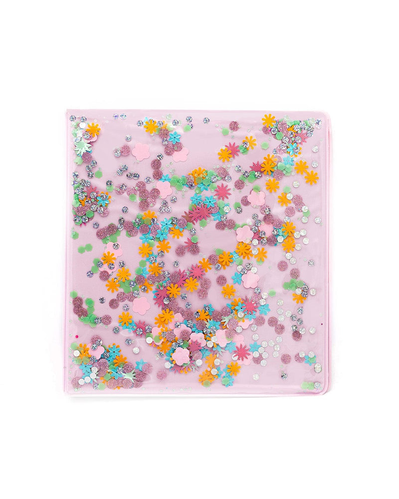Pink flower confetti mix on cute pink binder.