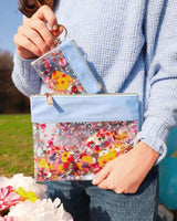 Light blue nylon lining, gold zipper and hardware, matching mini wallet and puch both full of colorful confetti.