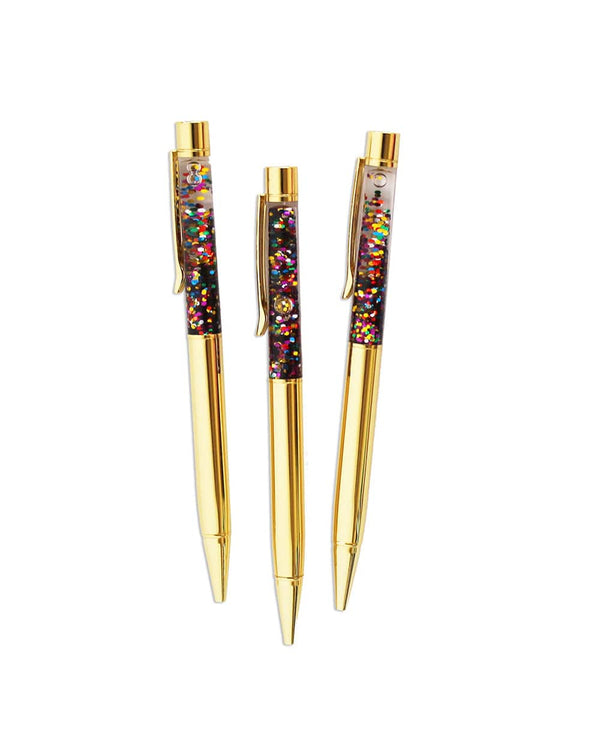 Set of three gold, colorful confetti ballpoint pens.