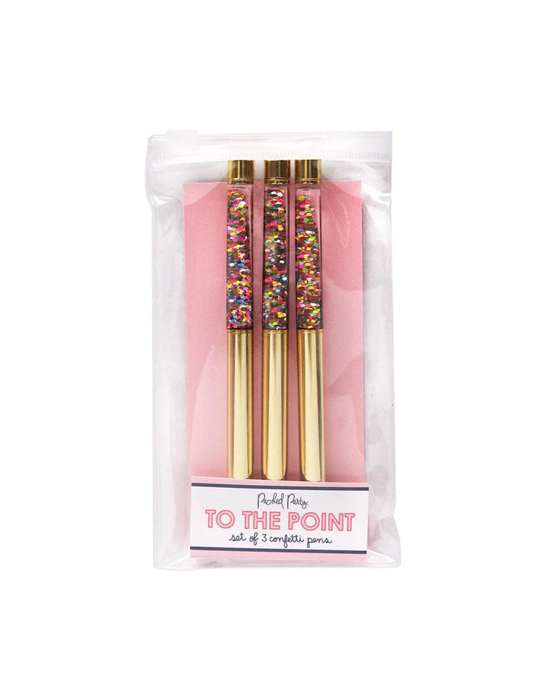 To the point set of three gold, colorful confetti ballpoint pens in clear packaging.