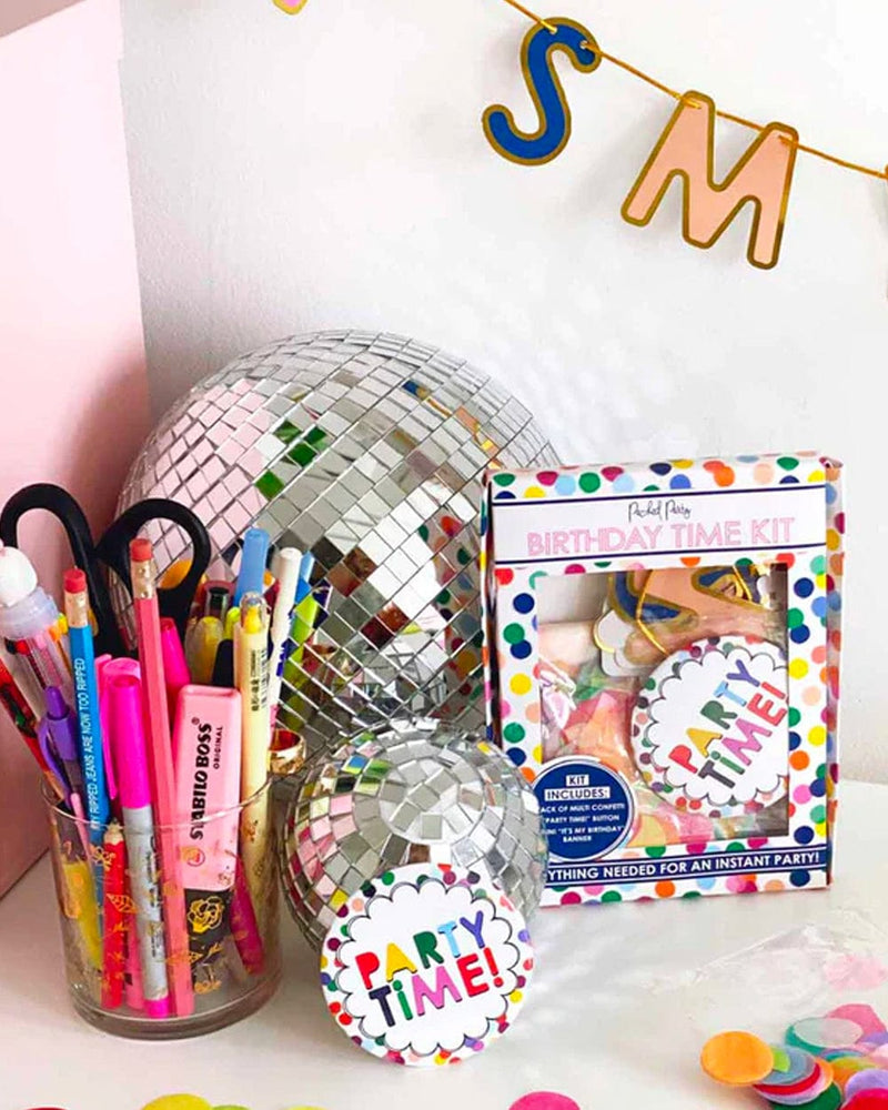 Disco balls, colorful pen set and party time birthday pin 