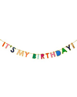 Pink, red, navy, peach and green lettering on birthday hanging banner