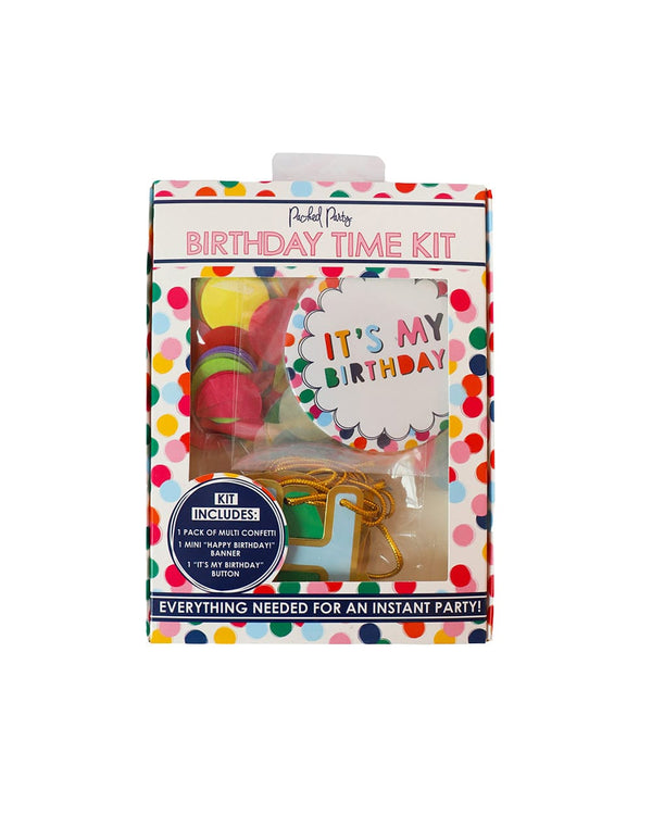 Birthday kit in a box with confetti, banner and button