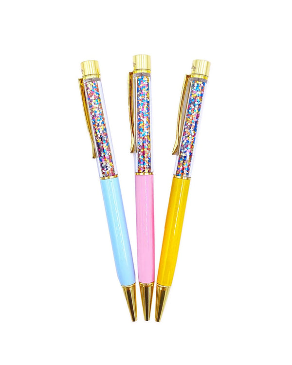 Three confetti pens in blue, pink, and yellow.