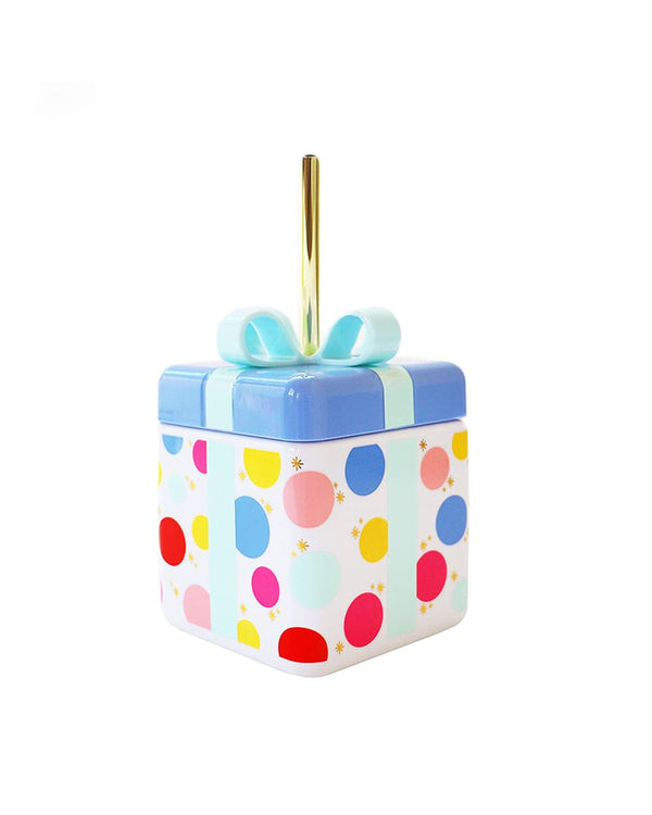 Novelty birthday sipper tumbler cup, present with a light blue bow and gold straw 