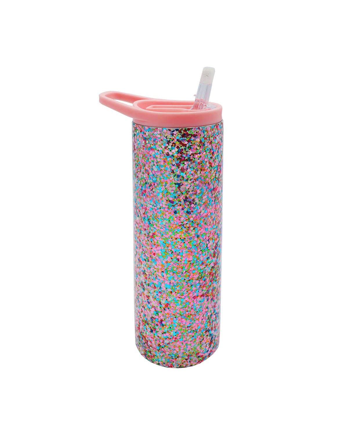 Insulated stainless steel sipper with flip top lid.