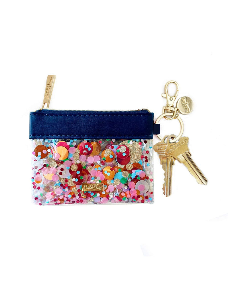 signature colorful confetti wallet, keychain with gold accents 