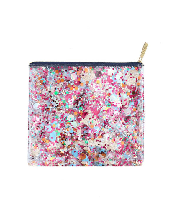 Packed Party Essentials Everyday Pouch with navy zipper, gold hardware. Red, gold, pink, holographic and gold glitter.