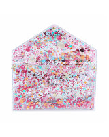 Envelop style clutch purse that has bright confetti in it