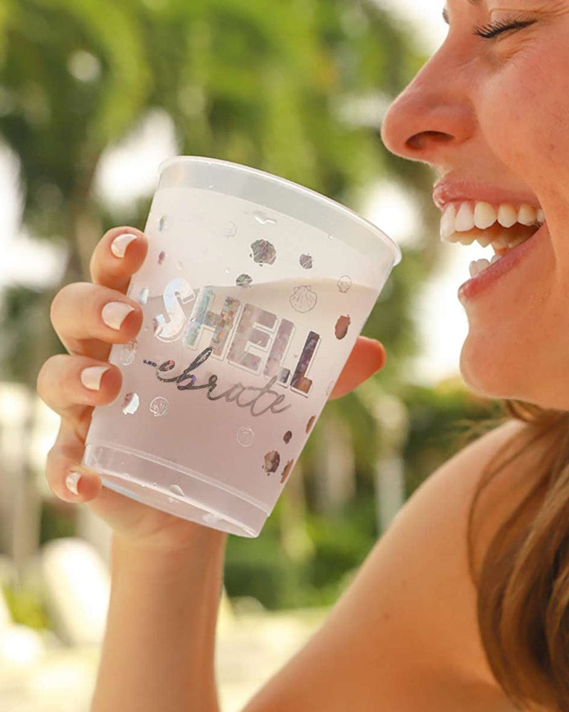 girl sipping out of holographic shellebrate shatterproof cup