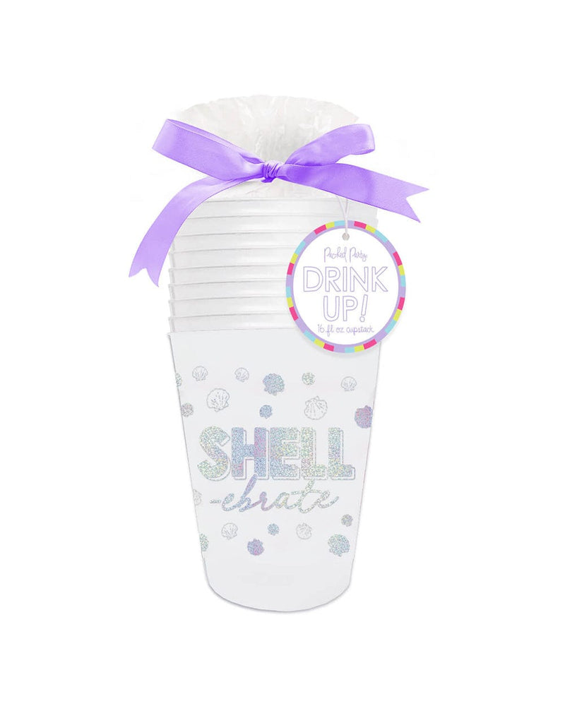 Shatterproof, reusable clear plastic cupstack with silver holographic lettering