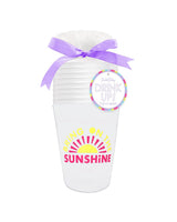Stackable, shatter proof cups, with cute slogan in pink and yellow for summer beach parties