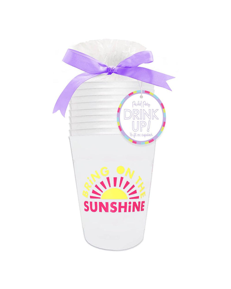 Stackable, shatter proof cups, with cute slogan in pink and yellow for summer beach parties
