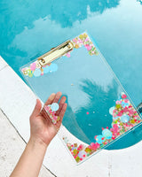 Shell confetti mix for summer in clear acrylic clipboard with gold clip