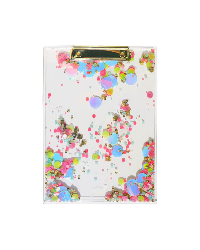 Clear acrylic clipboard for work, office or for teacher with confetti and gold