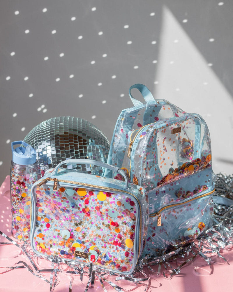 Matching backpack, lunch box and water bottle with disco ball and light pink background