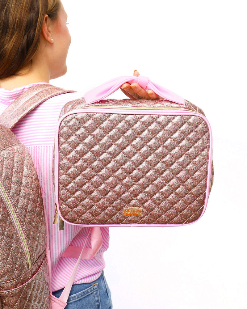 Girly pink bow handle on lunchbox for travel to go school container.
