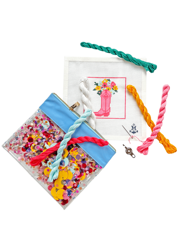 colorful needlepoint kit coming out of confetti everything pouch