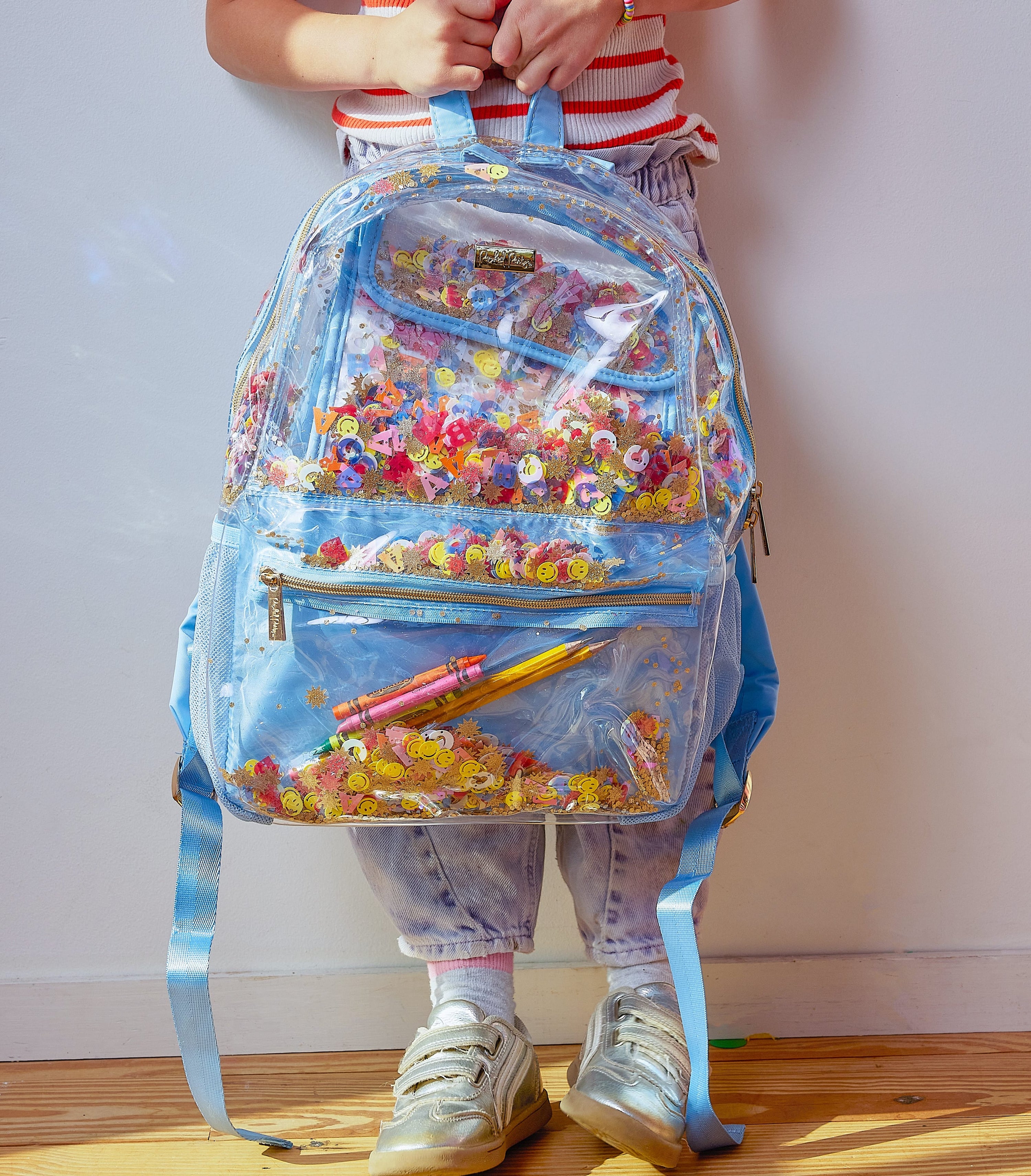 Little Letters Blue Confetti Clear Backpack