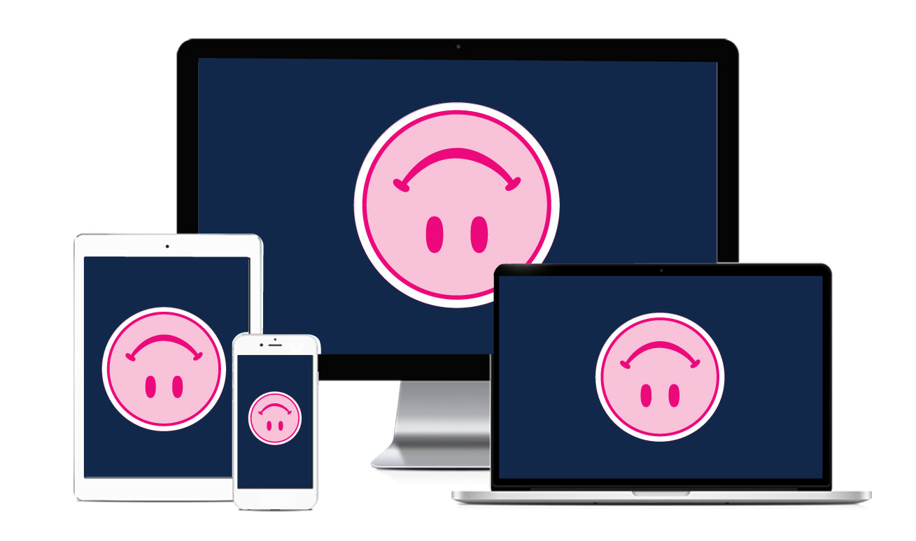 An upside down pink smiley face on various devices.