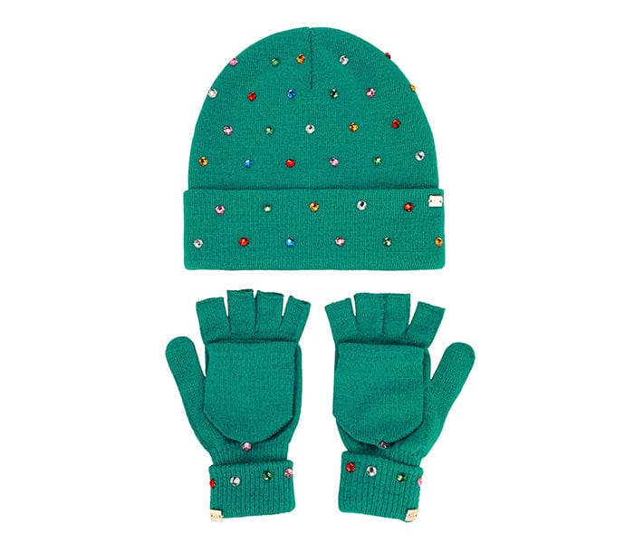 Emerald Knit Rhinestone Beanie and Mittens Set