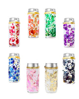Multiple tall skinny cans with bright, colorful confetti can coolers.